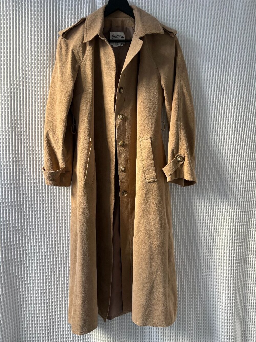 Vintage Endres Skinner Ultrasuede tan 70s style trench coat women's 6 NO BELT